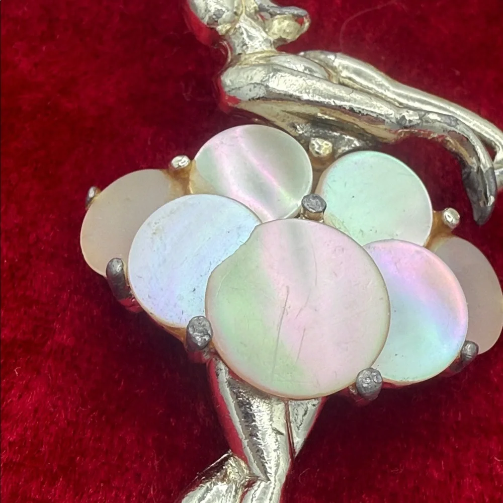 VTG goldtone ballerina embellished mother of pearl skirt brooch pin 2.25” READ